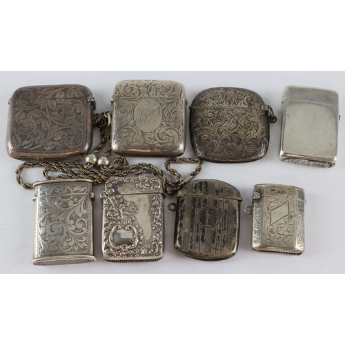 17 - Group of Eight silver vesta cases, various sizes, makers and dates, gross weight approx 213.7g