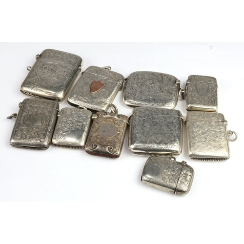 22 - Group of Ten silver vesta cases, various makers and dates. Of rectangular form, each with hinged cov... 
