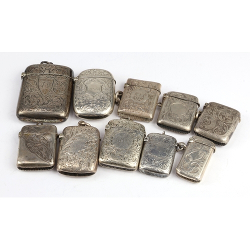 24 - Group of Ten silver vesta cases, various makers and dates. Of rectangular form, each with hinged cov... 