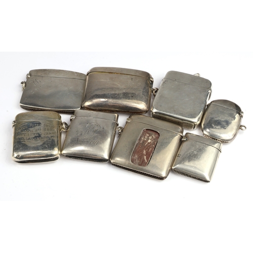 25 - Group of nine silver vesta cases, various makers and dates. Of rectangular form, each with hinged co... 