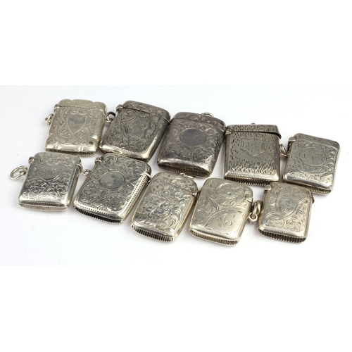 27 - Group of Ten silver vesta cases, various makers and dates. Of rectangular form, each with hinged cov... 