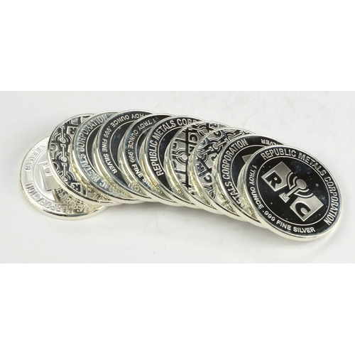 32 - Silver 1oz Rounds (10) all by the Republic Metals Corporation (RMC) These Silver rounds contain a fu... 
