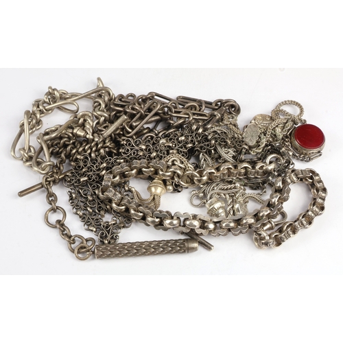 4 - Silver Albert chains (7), of assorted links and styles, attached a variety of dog-clips, T-bars and ... 