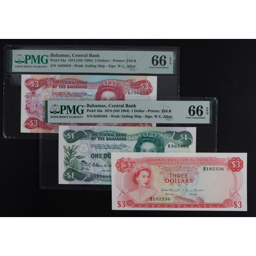 442 - Bahamas (3), 3 Dollars dated 1974, signed William C. Allen, serial A036458 (BNB B309a, Pick44) in PM... 