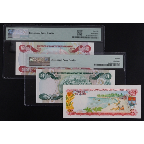 442 - Bahamas (3), 3 Dollars dated 1974, signed William C. Allen, serial A036458 (BNB B309a, Pick44) in PM... 