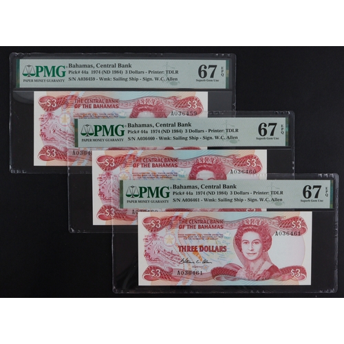 447 - Bahamas 3 Dollars (3) dated 1974, signed William C. Allen, a consecutively numbered run of 3 notes, ... 