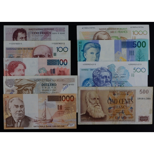 456 - Belgium (9), 1000 Francs (3), 500 Francs (3), 100 Francs (3), all different, from circulation