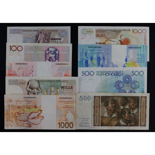 456 - Belgium (9), 1000 Francs (3), 500 Francs (3), 100 Francs (3), all different, from circulation