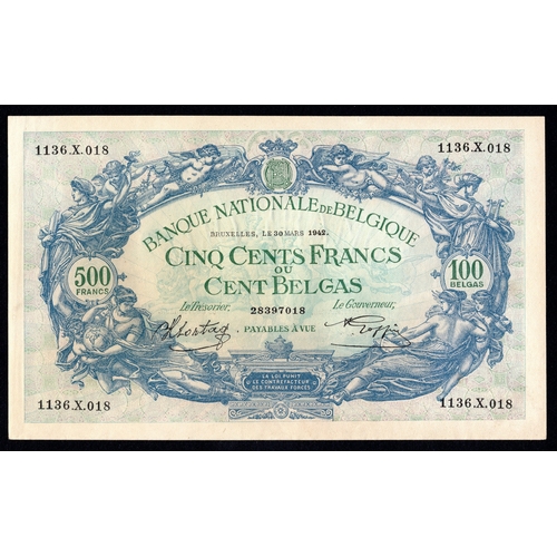457 - Belgium 500 Francs = 100 Belgas dated 30th March 1942, serial 1136.X.018 (Pick109) tiny edge nick in... 