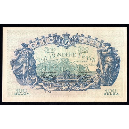 457 - Belgium 500 Francs = 100 Belgas dated 30th March 1942, serial 1136.X.018 (Pick109) tiny edge nick in... 