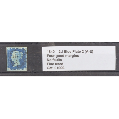 11 - GB - 1840 Twopenny Blue Plate 2 (A-E) four good margins, no faults, fine used, cat £1000