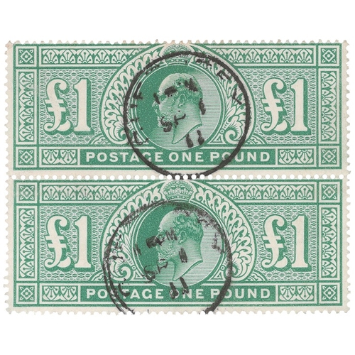31 - GB - EDVII 1902-10 £1 dull blue-green fine used PAIR, Guernsey cds, cat £1400 +