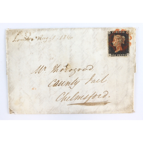 4 - GB - 1840 Penny Black (K-E) Plate 3 with four margins, on letter from London to 