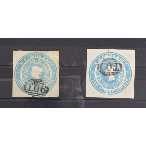 52 - GB - Stockcard with 2x WH Smith 2d Blue advertising ring cut outs. Dated 1869 and cancelled by T.0.1... 