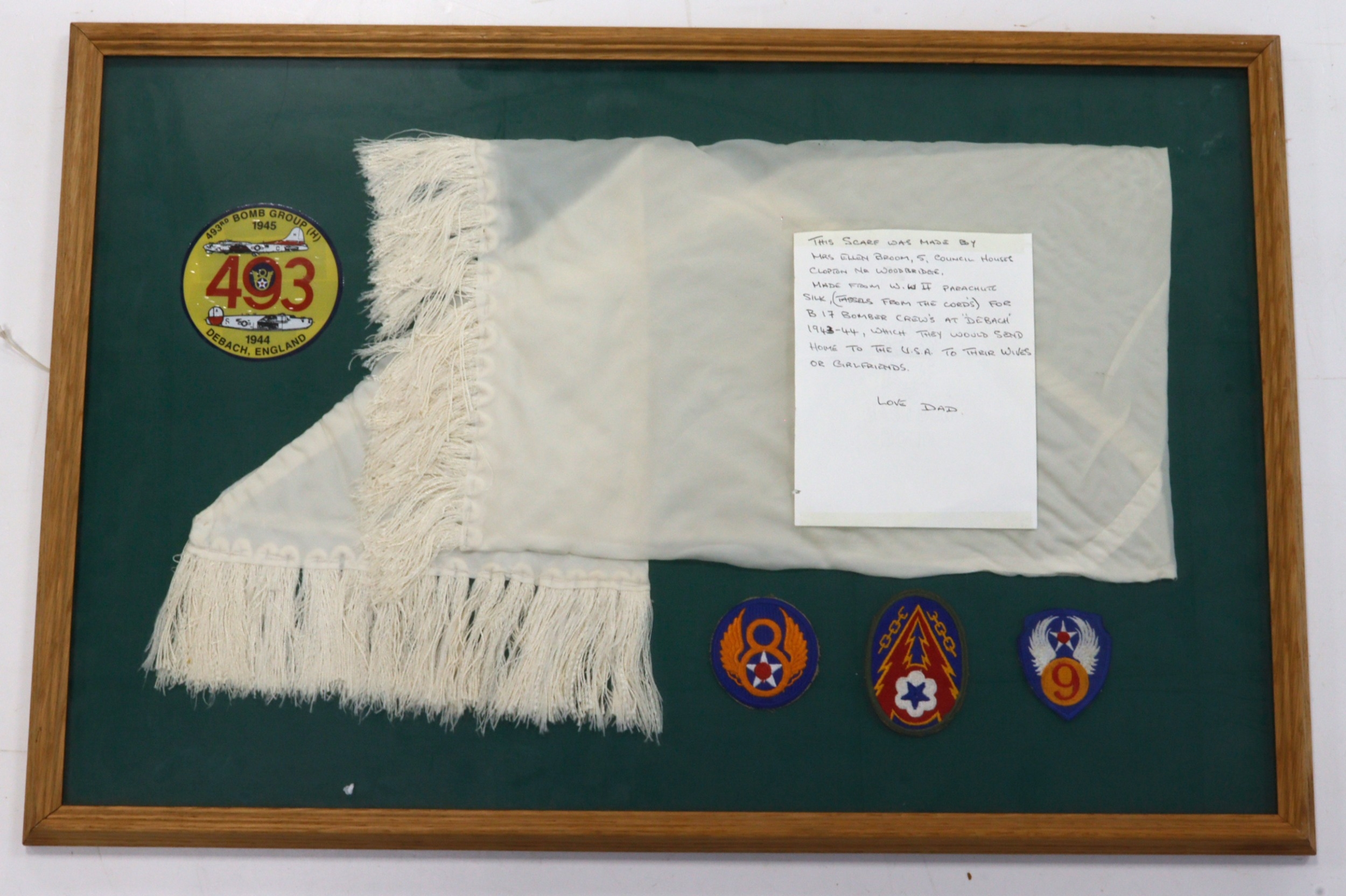 USAAF Badges & Silk Scarf In Frame made from Parachute.