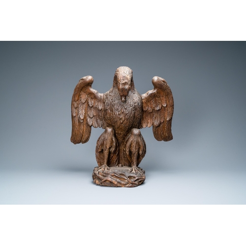 124 - An oak model of a pelican, 17th C.H.: 48,5 cm  Provenance: The Davioud-Larminet collection, Lille, F... 