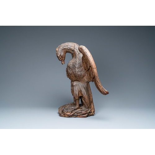 124 - An oak model of a pelican, 17th C.H.: 48,5 cm  Provenance: The Davioud-Larminet collection, Lille, F... 