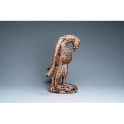 124 - An oak model of a pelican, 17th C.H.: 48,5 cm  Provenance: The Davioud-Larminet collection, Lille, F... 