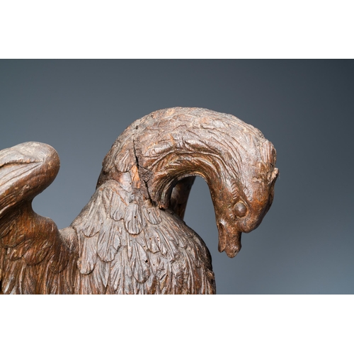 124 - An oak model of a pelican, 17th C.H.: 48,5 cm  Provenance: The Davioud-Larminet collection, Lille, F... 