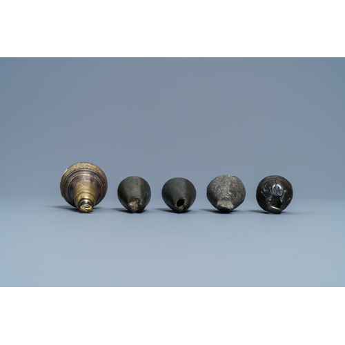 128 - Fourteen bronze weights, France, 16/18th C.H.: 10 cm (the tallest)  Several dated, the largest with ... 