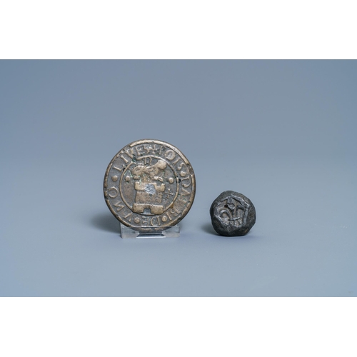 128 - Fourteen bronze weights, France, 16/18th C.H.: 10 cm (the tallest)  Several dated, the largest with ... 