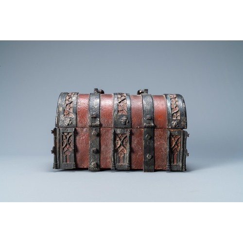 13 - A partly red painted cast iron casket, France, 15th C.Dim.: 24 x 15 x 14 cm  Provenance: - The Davio... 