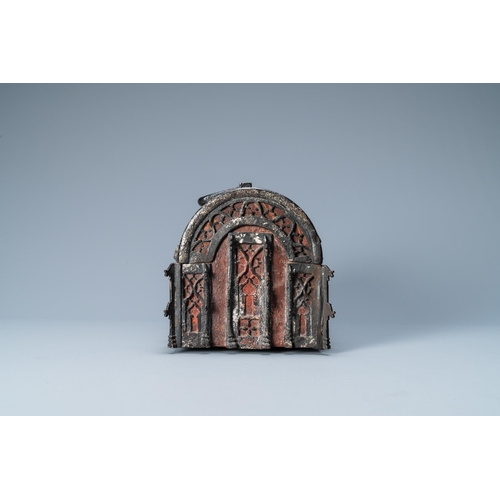 13 - A partly red painted cast iron casket, France, 15th C.Dim.: 24 x 15 x 14 cm  Provenance: - The Davio... 