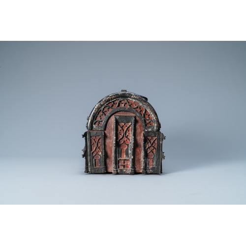 13 - A partly red painted cast iron casket, France, 15th C.Dim.: 24 x 15 x 14 cm  Provenance: - The Davio... 