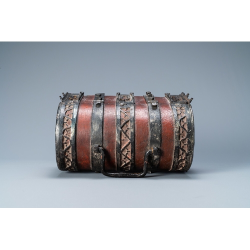 13 - A partly red painted cast iron casket, France, 15th C.Dim.: 24 x 15 x 14 cm  Provenance: - The Davio... 