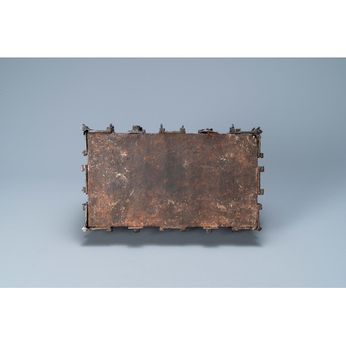 13 - A partly red painted cast iron casket, France, 15th C.Dim.: 24 x 15 x 14 cm  Provenance: - The Davio... 