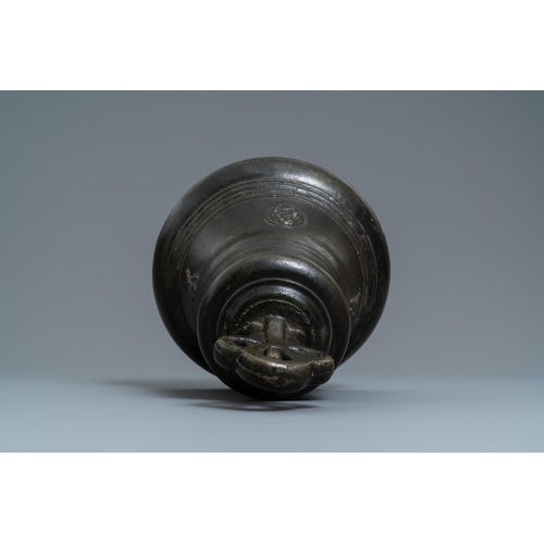 143 - A large bronze bell with applied figures of saints, North of France, 16th C.H.: 33 cm - Dia.: 26 cm ... 