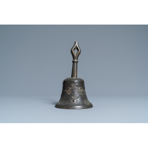 144 - A bronze bell with applied fleur-de-lis and an IHS medallion, France, 16th C.H.: 24,5 cm  Provenance... 