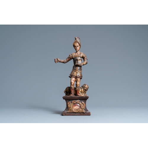 150 - A polychromed wooden figure of Saint Adrian on a reliquary base, 17th C.H.: 46 cm  Provenance: - The... 