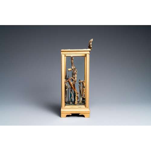 160 - A polychromed wooden 'Golgotha' group with all the Instruments of the Passion in glass display, Fran... 