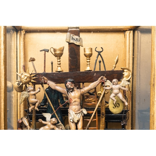 160 - A polychromed wooden 'Golgotha' group with all the Instruments of the Passion in glass display, Fran... 