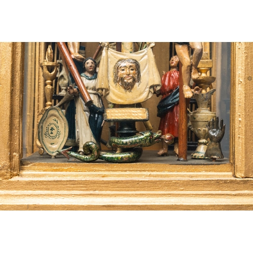 160 - A polychromed wooden 'Golgotha' group with all the Instruments of the Passion in glass display, Fran... 