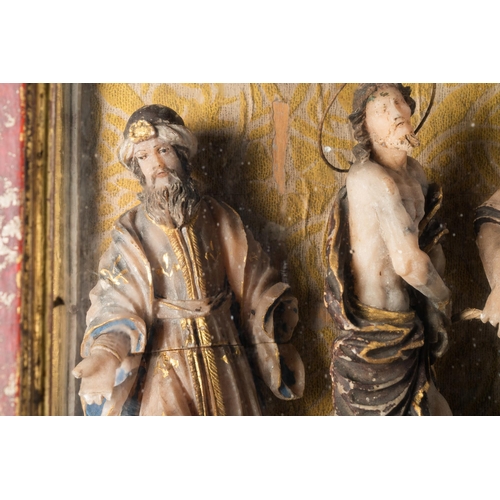 161 - A polychromed and gilded alabaster 'flagellation' group in glass display, South-Italy, 17th C.Dim.: ... 