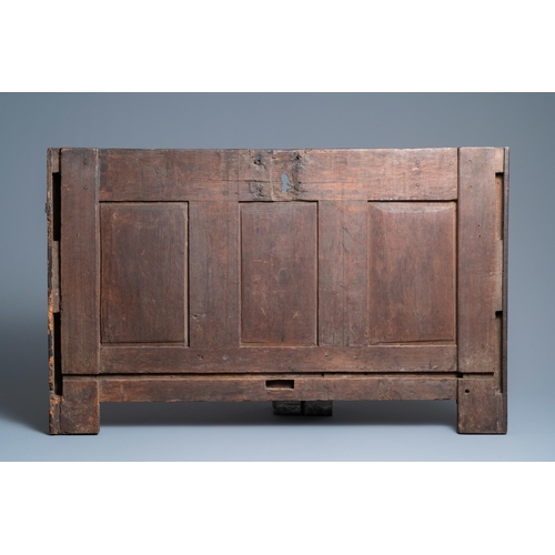 17 - A carved oak front panel of a coffer with the arms of France and the Dauphin, France, 2nd half 15th ... 