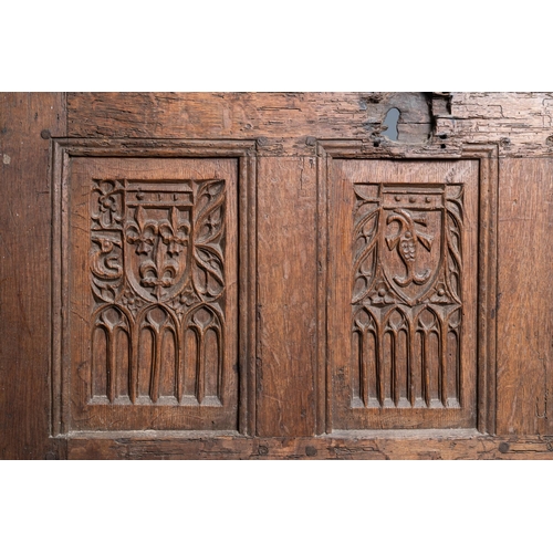 17 - A carved oak front panel of a coffer with the arms of France and the Dauphin, France, 2nd half 15th ... 