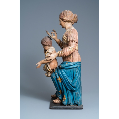 174 - A polychromed wooden figure of a Madonna with child, 17th C.H.: 88 cm (incl. stand)H.: 84,5 cm (the ... 