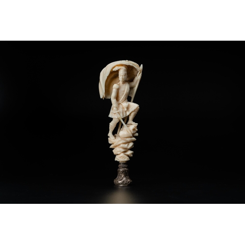 177 - An ivory and silver seal stamp with a hussar handle, 19th C.Lot subject to CITES-regulations. Availa... 