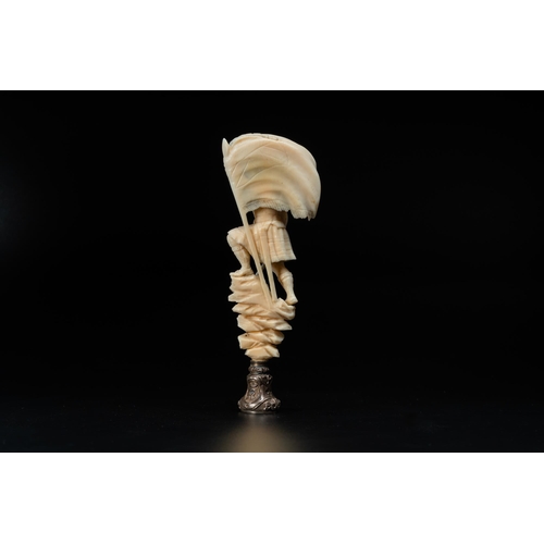 177 - An ivory and silver seal stamp with a hussar handle, 19th C.Lot subject to CITES-regulations. Availa... 