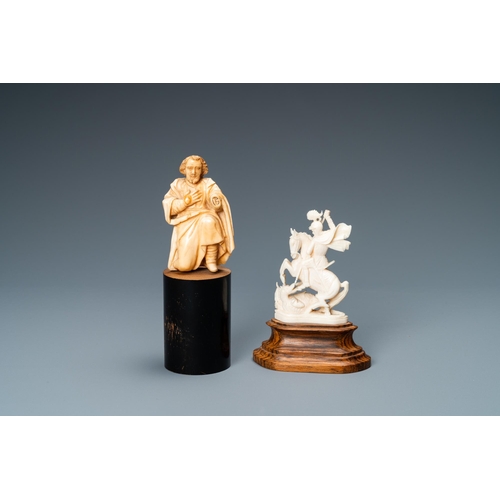 182 - Two ivory figures: a kneeling Saint Joseph, Spain, 17th C. and Saint George with the dragon, 19/20th... 