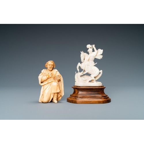 182 - Two ivory figures: a kneeling Saint Joseph, Spain, 17th C. and Saint George with the dragon, 19/20th... 