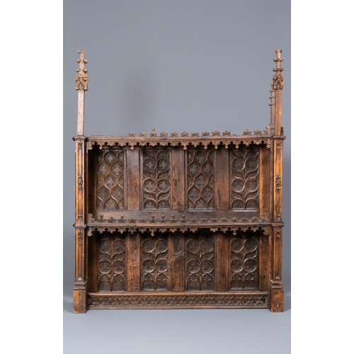 2 - A carved oak shelf with pinnacles and stylised flowers and carved panels, 15th C. and laterDim.: 149... 