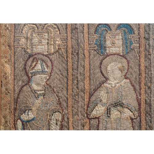 21 - Two large linen, silk- and silverthread orphrey fragments depicting saints below arcatures, Spain, e... 