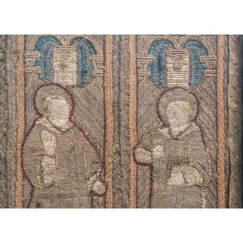 21 - Two large linen, silk- and silverthread orphrey fragments depicting saints below arcatures, Spain, e... 