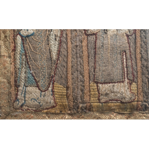 21 - Two large linen, silk- and silverthread orphrey fragments depicting saints below arcatures, Spain, e... 