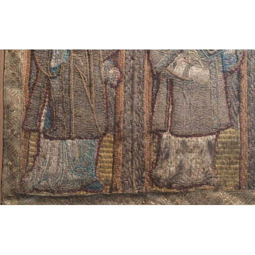 21 - Two large linen, silk- and silverthread orphrey fragments depicting saints below arcatures, Spain, e... 