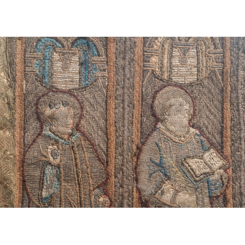 21 - Two large linen, silk- and silverthread orphrey fragments depicting saints below arcatures, Spain, e... 